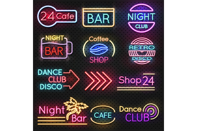 Vintage cafe and night club roadside neon signs vector set