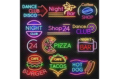 Bright roadside neon signs. Fast food and beer pub light vector icons