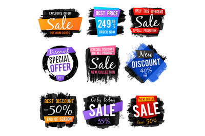 Discount and price tag, sale banners with grange brushed frames and di