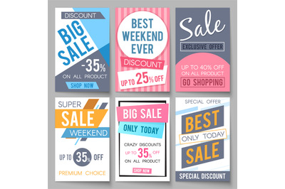 Sale posters vector template with discount and save money offers for e