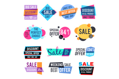 Fashion design pricing tags and discount labels vector templates with