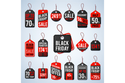 Black friday pricing tags and promotion labels with cheap prices and b