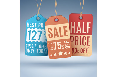 Vintage hanging price tags or sale labels. Vector shopping concept