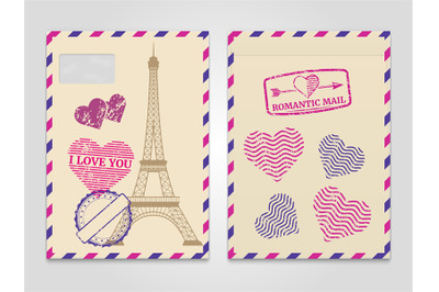 Vintage romantic envelopes with Eiffel tower and love stamps