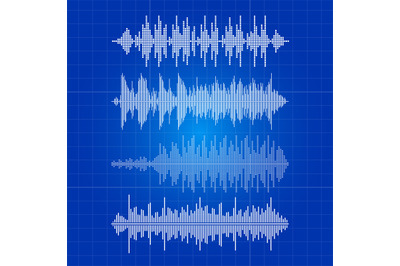 White music waves collection - musical pulse on blue backdrop