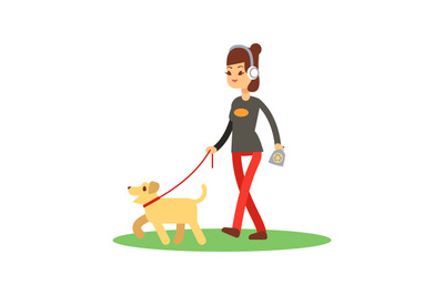 Dogs clean walking concept - girl walks dog isolated on white