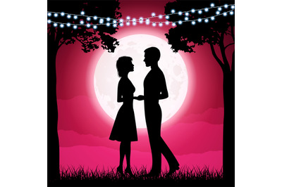 Silhouettes of young woman and man on the moon background