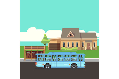 Residential house with bus stop and blue bus. Flat vector illustraion