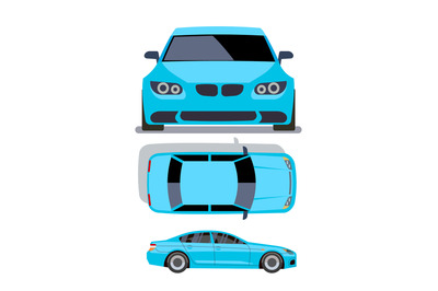 Vector flat-style cars in different views. Blue sedan