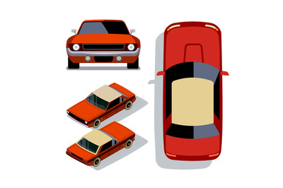 Vector flat-style cars in different views. Red muscle car