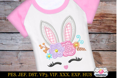 Easter bunny face with Rose and Daisies Applique Design, dst, exp, hus