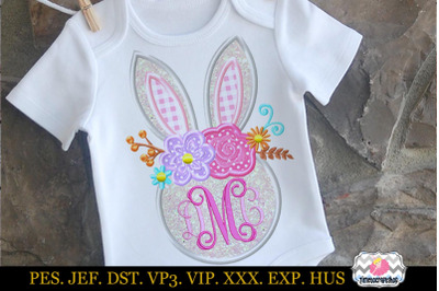 Easter bunny Head with Rose and Daisies Monogram Applique Design
