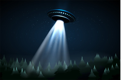 Flying UFO over night forest