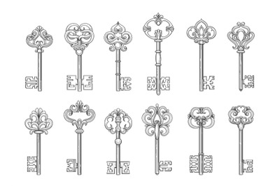 Vintage keys line vector icons