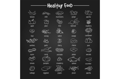 Healthy eating fish and vegetables icons