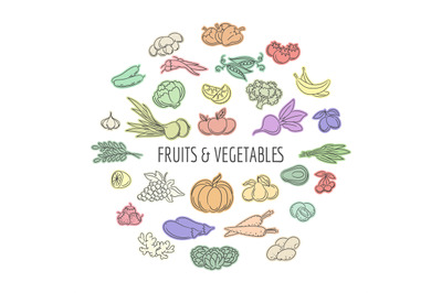 Fruit and vegetables doodles set