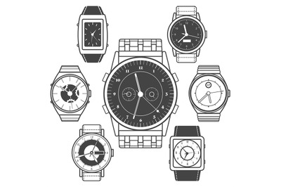 Hand watch black icons set