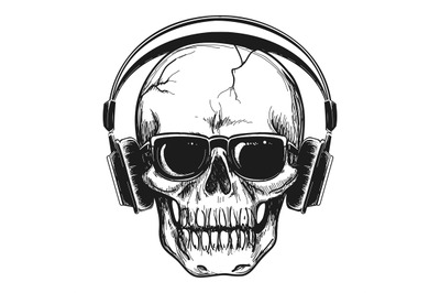 Human skull with headphones