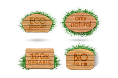 Wooden eco food signs with grass