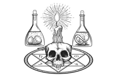 Skull with candle alchemy elements