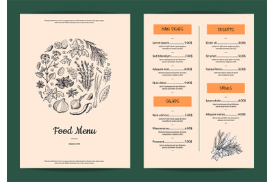 Vector restaurant or cafe menu with hand drawn herbs and spices