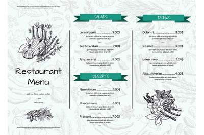 Vector horizontal restaurant or cafe menu template with hand drawn her