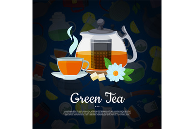 Vector cartoon tea kettles and cups background with place for text ill