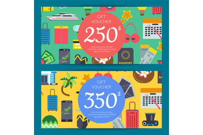 Vector flat travel elements discount or gift card voucher templates