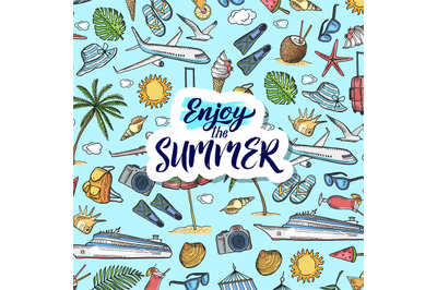 Vector hand drawn summer travel elements background with place for tex