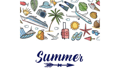 Vector hand drawn summer travel elements background with place for tex