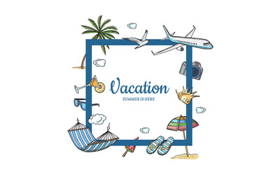 Vector hand drawn summer travel elements text frame