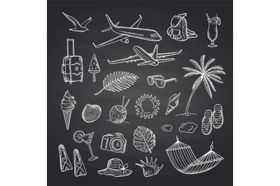 Vector summer travel elements on black chalkboard illustration