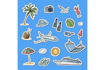 Vector hand drawn summer travel elements stickers set illustration