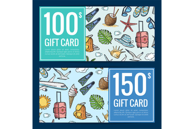 Vector hand drawn summer travel discount or gift card templates illust