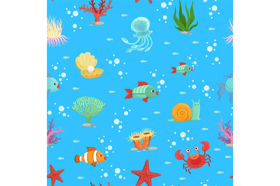 Vector cartoon underwater creatures and seaweed pattern or background