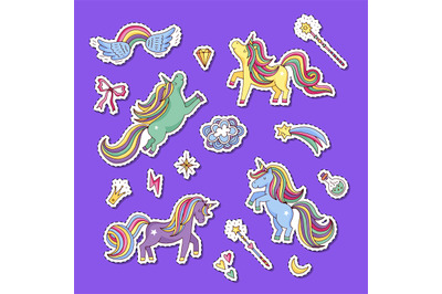 Vector cute hand drawn magic unicorns and stars stickers set illustrat