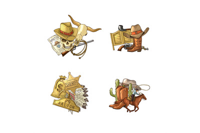 Vector hand drawn wild west cowboy elements piles set isolated on whit