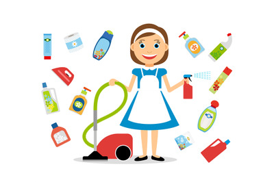 Housewife and home cleaning icons