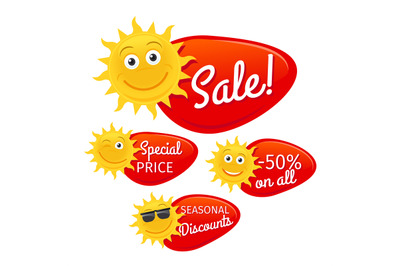 Summer sale labels with smiling sun