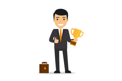 Businessman holding trophy