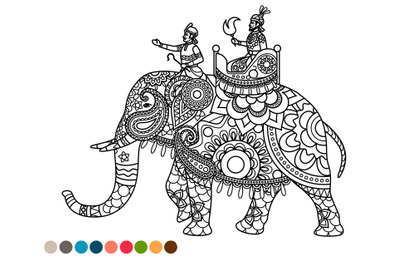 Antistress coloring page with maharaja on elephant