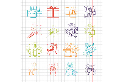 Celebration line icons with drinks, garland and fireworks