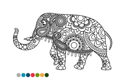 Elephant mandala ornament with colors samples