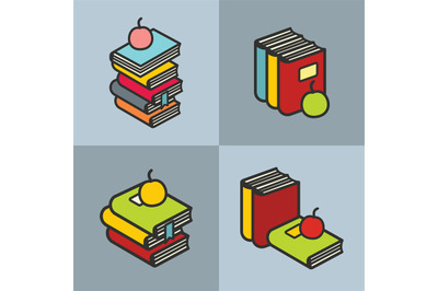 Stack of books with apple in line flat style