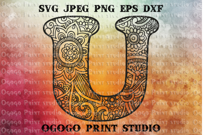 Alphabet Letter U SVG, Floral font, Mandala svg, Zentangle SVG