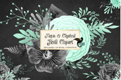 Aqua and Charcoal Floral Clipart