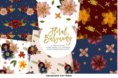 Burgundy floral watercolor seamless pattern