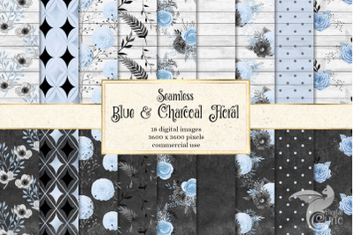 Blue and Charcoal Floral Digital Paper