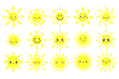 Hand drawn sun. Cute bright suns with funny smiling face, warm shining