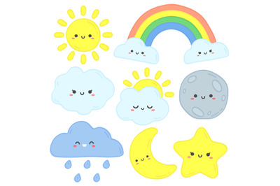 Cute sky. Happy sun&2C; funny moon and hand drawn star. Nursery sleep clo